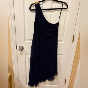 Ralph Lauren One Shoulder Formal Dress Navy Gold Hardware Asymmetrical Hemline